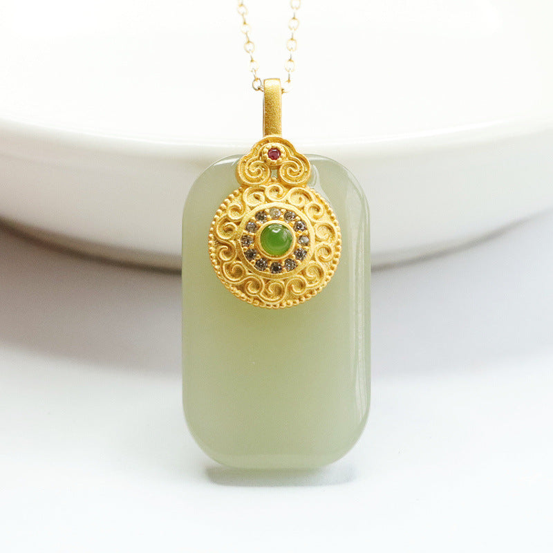 S925 Silver Rectangle Natural Hotan Jade Pendant Round Brand Necklace
