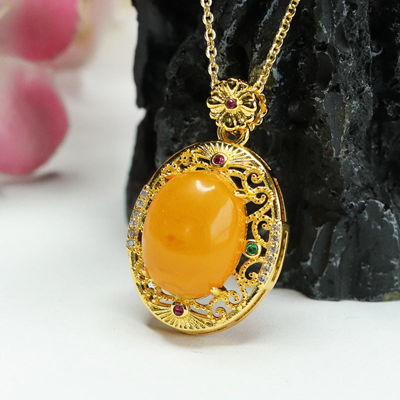 Vintage Zircon Hollow Beeswax Amber Pendant Necklace with Golden Sterling Silver Chain