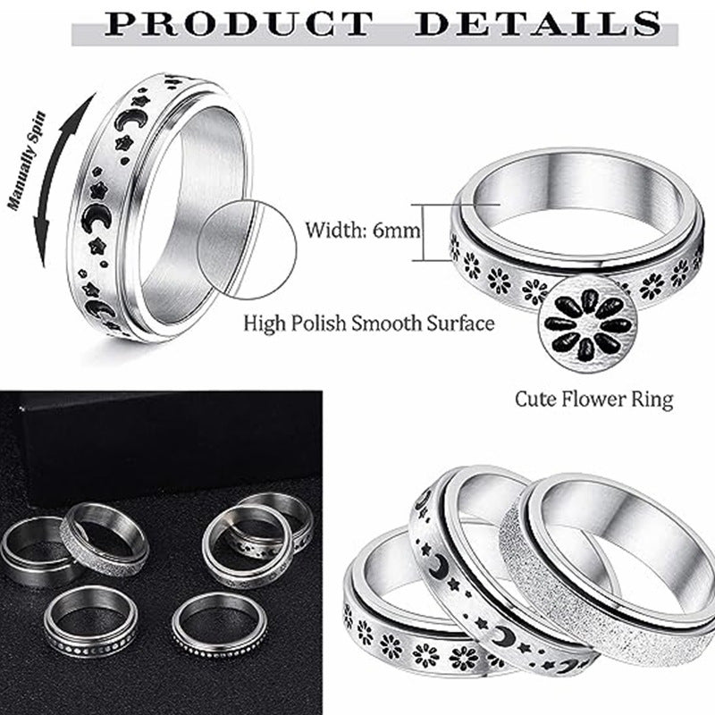 Rotatable Star Moon Stainless Steel Ring Set For Unisex Couples By Planderful Collection Premium Gift