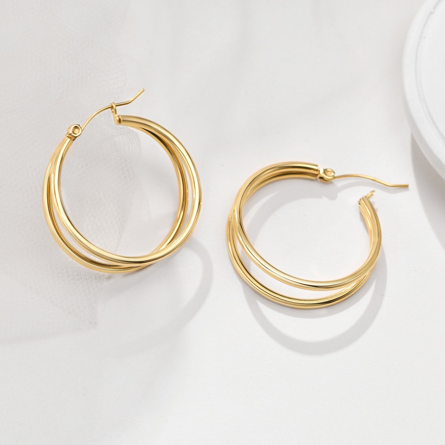 Stainless Steel Double Tube Double Ring Earrings Gold 32mm