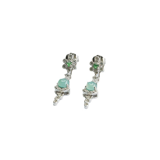 Elegant S925 Sterling Silver Ice Blue Jade Flower Tassel Earrings
