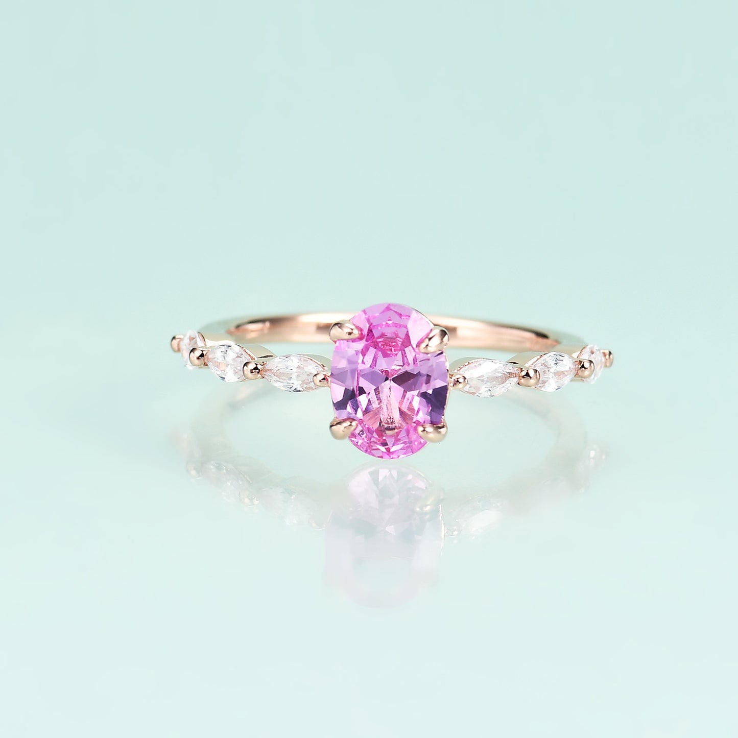 Oval Barbie Pink Corundum and Marquise Zircon Silver Ring