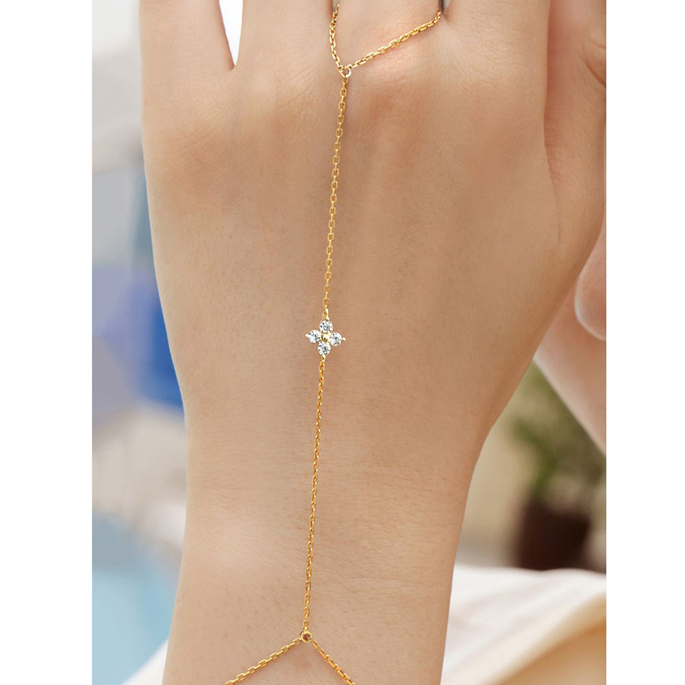 S925 Sterling Silver Four-Leaf Clover Zircon Pendant Finger Chain Wind 14k Gold-Plated Bracelet