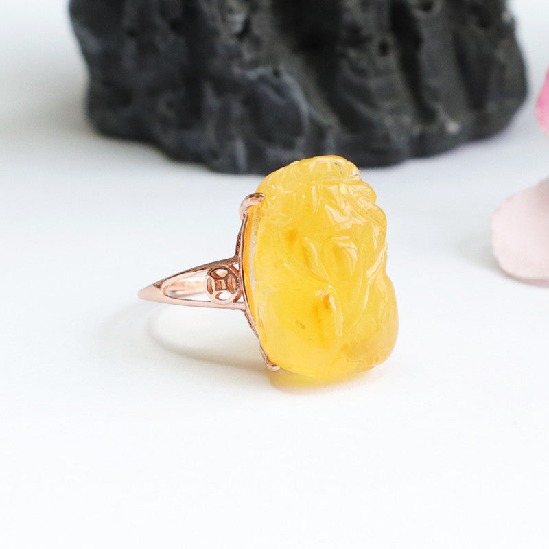 Sterling Silver Pixiu Ring with Genuine Beeswax Amber