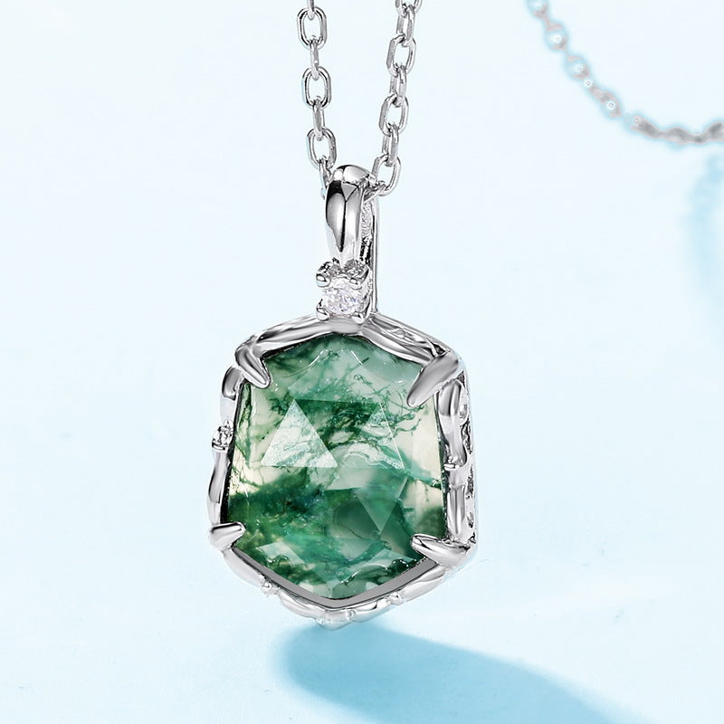 S925 Sterling Silver Moss Agate Geometric Vintage-Inspired Necklace