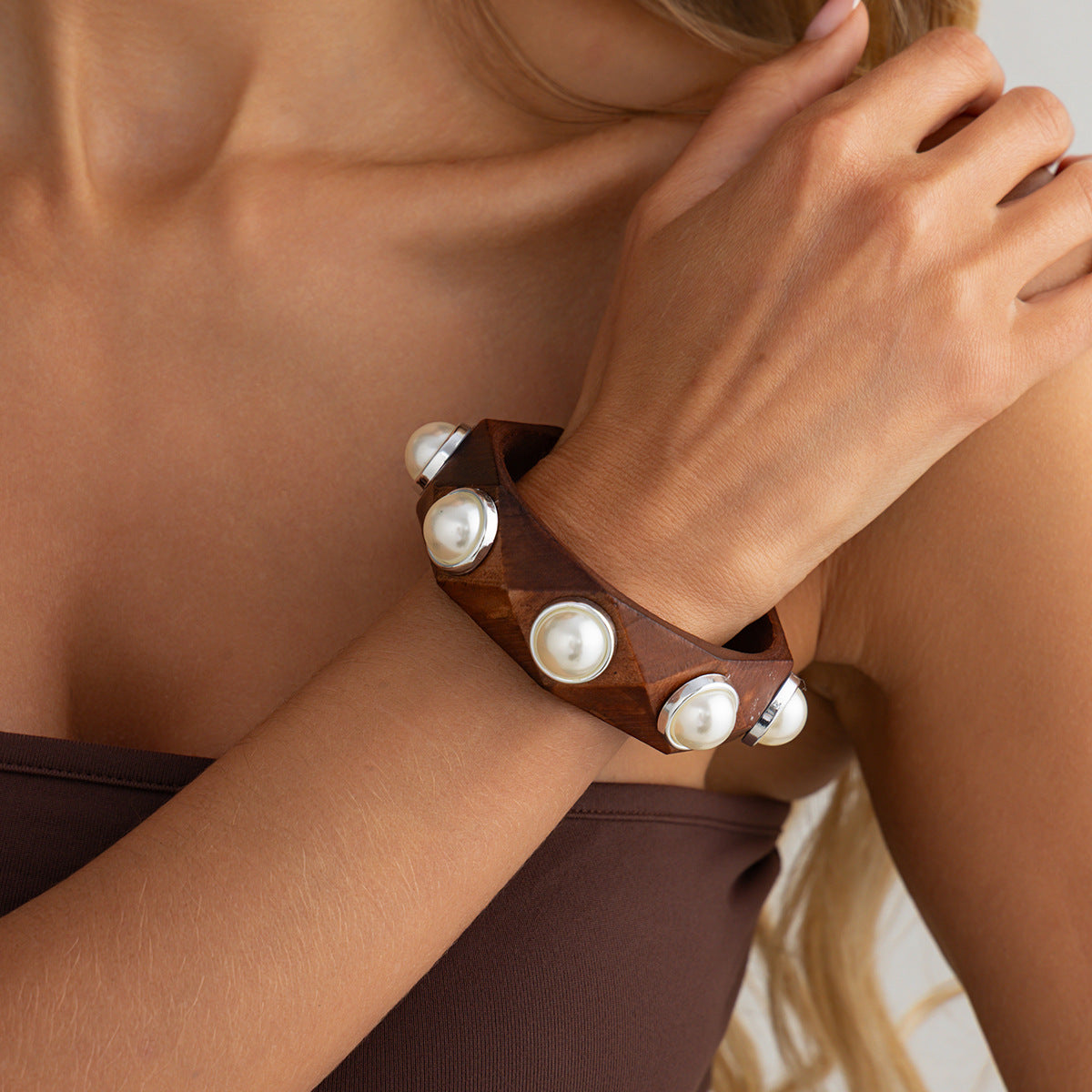 Planderful Vienna Verve Handcrafted Wooden Bracelet With Imitation Pearl Inlay Statement For Women