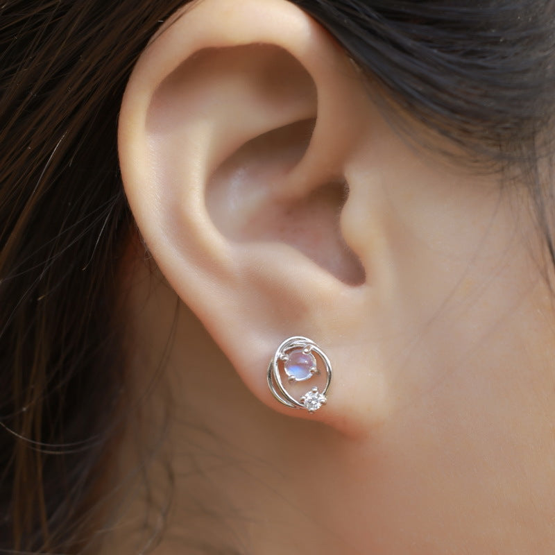 Planderful Cosmic Saturn S925 Sterling Silver Stud Earrings – Simple Blue Moonlight Planet Design