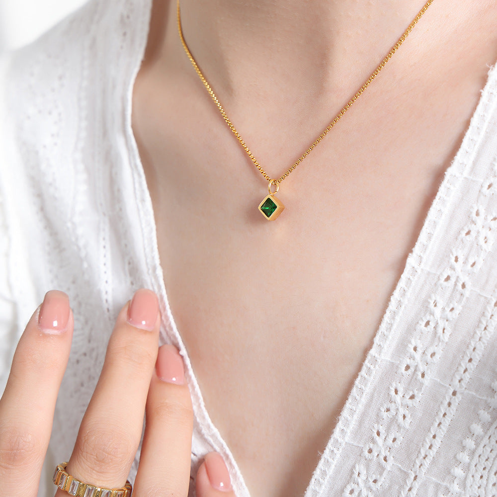 Retro Square Zircon Pendant Necklace with Titanium Steel Gemstones