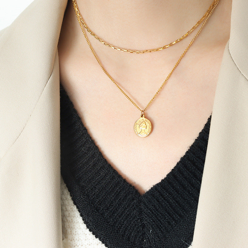 French Queen Portrait Oval Pendant Gold-Plated Necklace