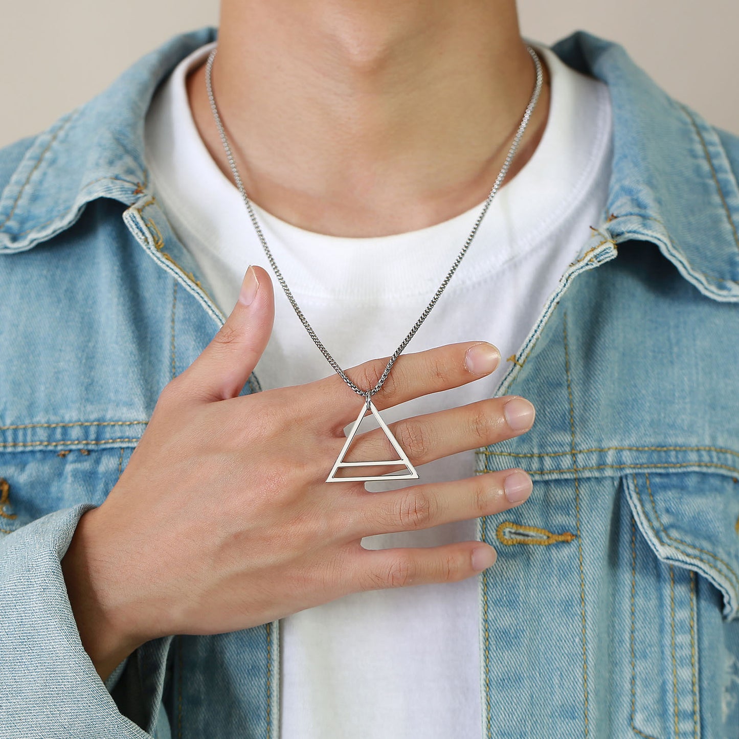 Simple Geometric Shape Stainless Steel Hollow Triangle Pendant Steel Color Men for Men