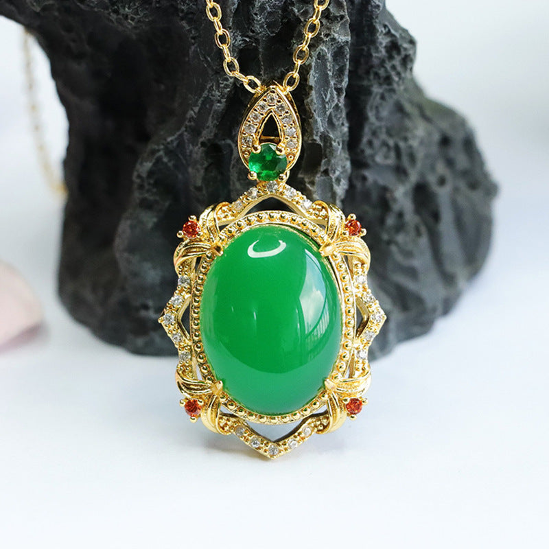 Green Chalcedony Pendant Necklace with Vintage Zircon Accent - Women's