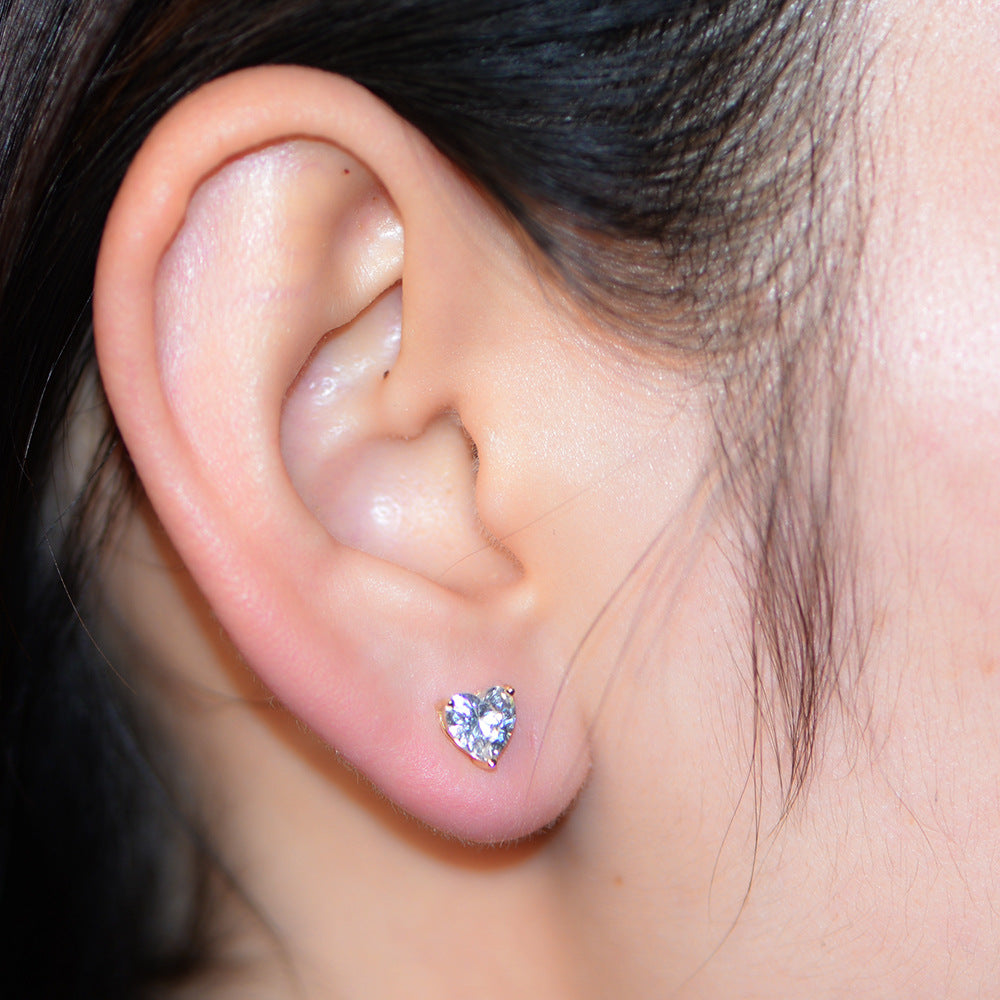 S925 Sterling Silver Love Zircon Stud Earrings Women's Fashion
