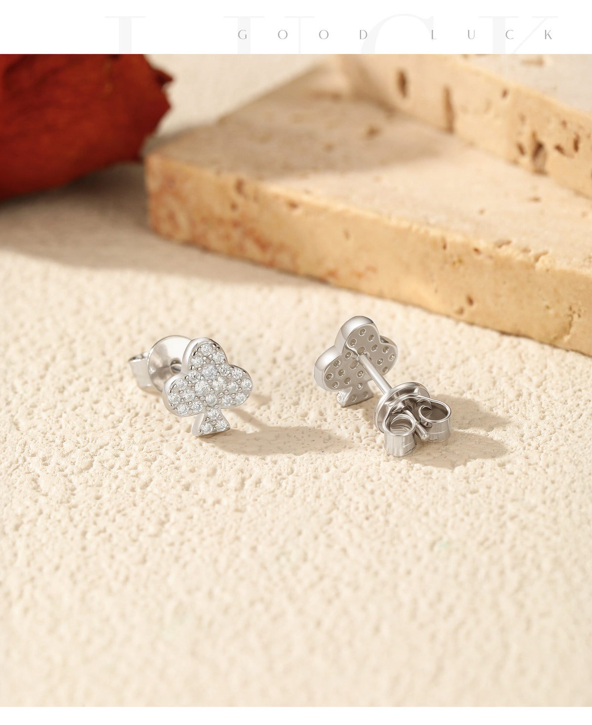 925 Sterling Silver Playing Card Floral Moissanite Stud Earrings