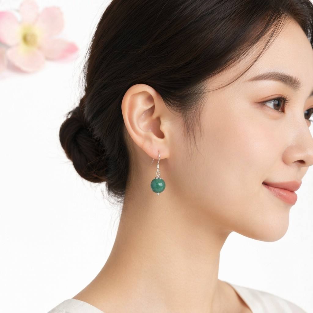 Blue-Water Jadeite Bead 925 Silver Hook Earrings