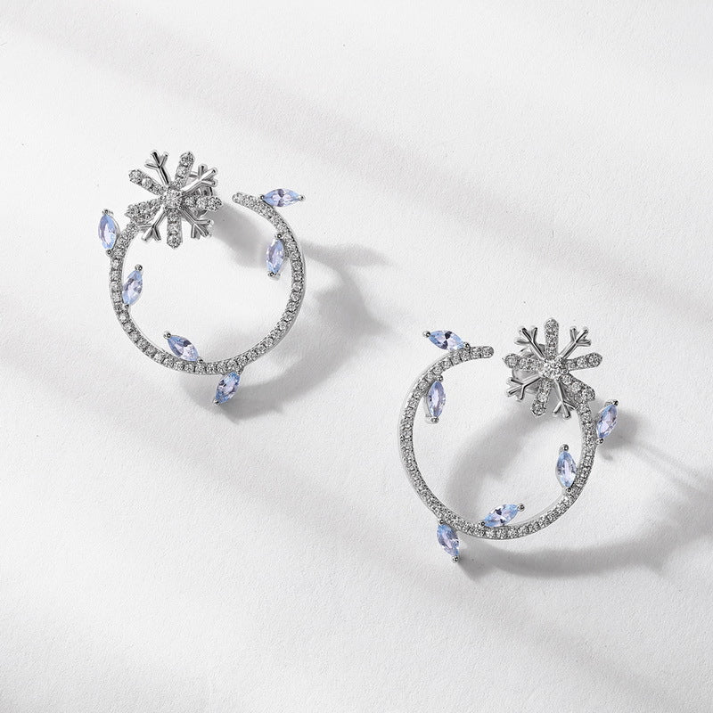 Marquise Shape Blue Zircon Snowflake Wreath Sterling Silver Stud Earrings