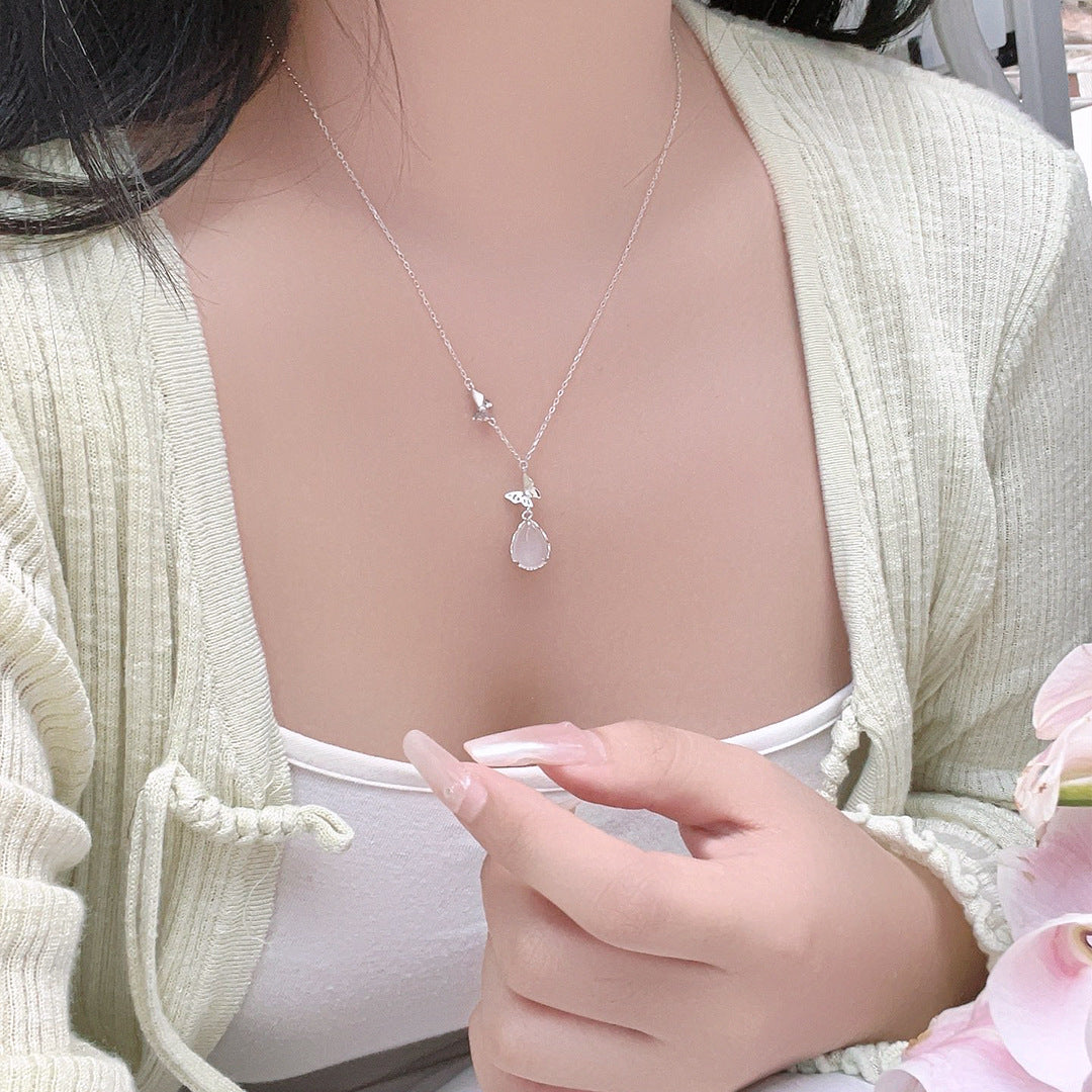 S925 Sterling Silver Natural Chalcedony Butterfly Necklace