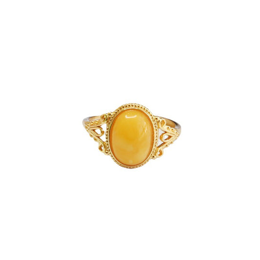 Honey Amber Sterling Silver V-Shaped Ring with Adjustable Opening