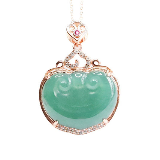 Ice Blue Green Ruyi Jadeite Pendant Necklace with Zircon on Silver Chain