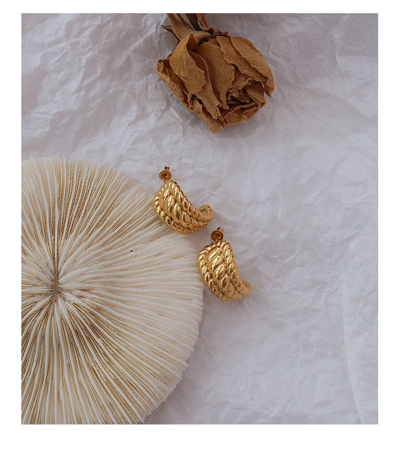 Elegant Three-Layer French Croissant Earrings in Titanium Steel and 18K Gold