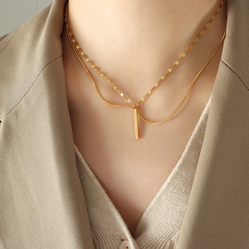 Luxurious Layered Rectangular Pendant Necklace Set with Titanium Steel Chain - Elegant Women's Jewelry