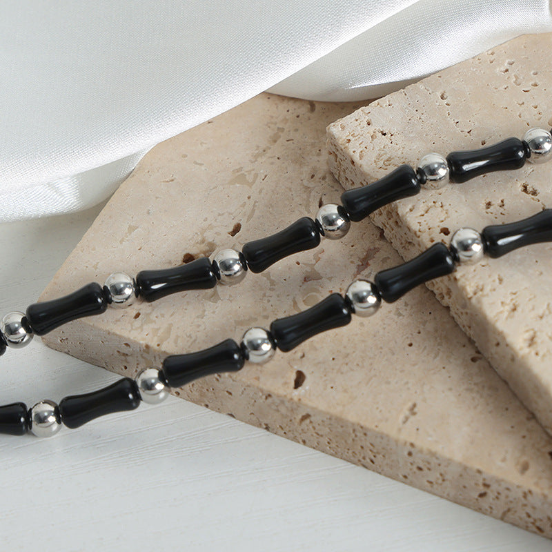 Luxurious Handcrafted Black Agate Beaded Necklace with Metal Accent