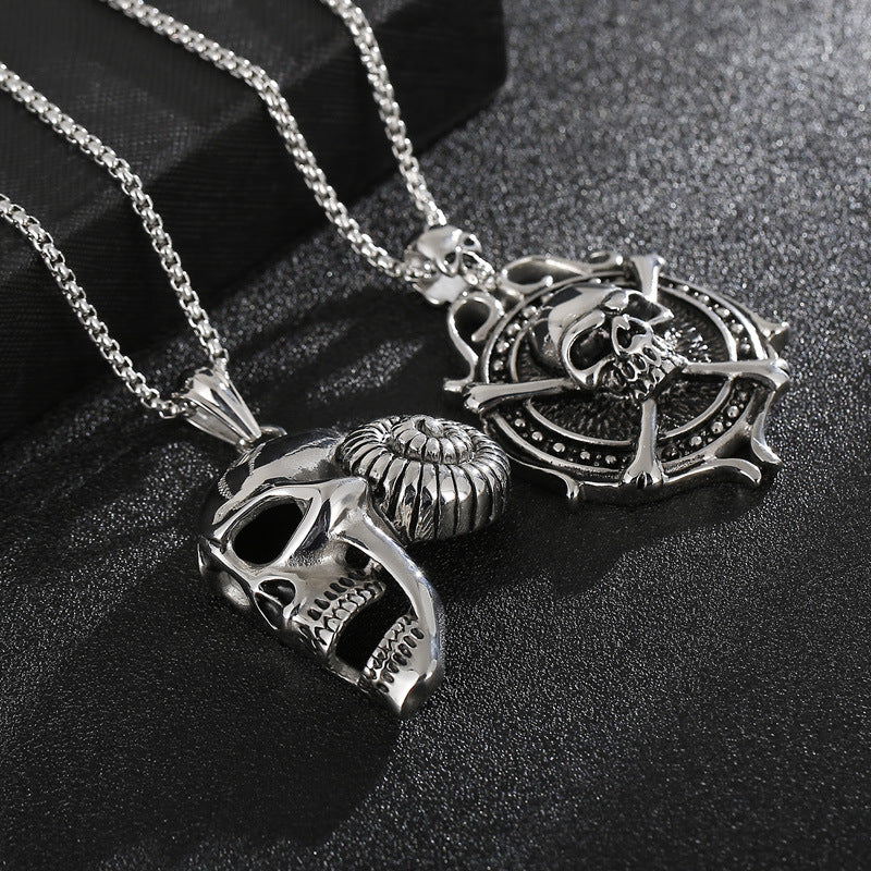 Men's Exaggerated Pirate Skull Pendant in Stainless Steel with Sheep Horn Design