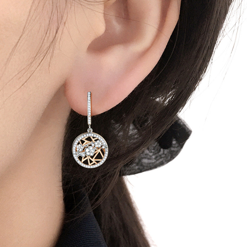 Zircon Plum Double Round Pendant C Shape Sterling Silver Drop Earrings