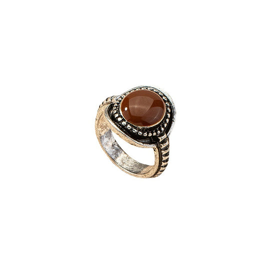 Exquisite Carved Tiger's Eye Ring with Vintage Red Wine Hue