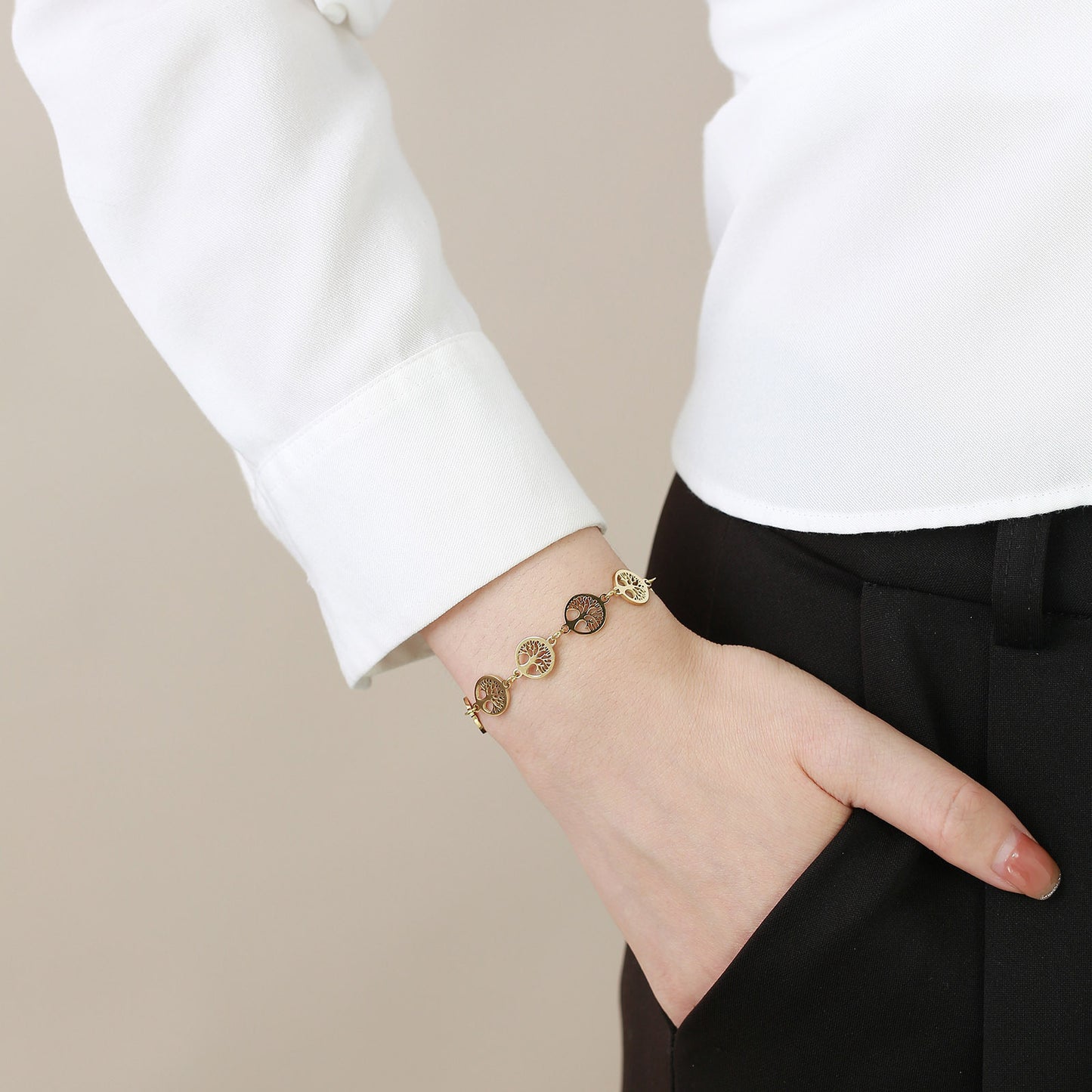 Stainless Steel Tree of Life Bracelet Golden Lady Jewelry