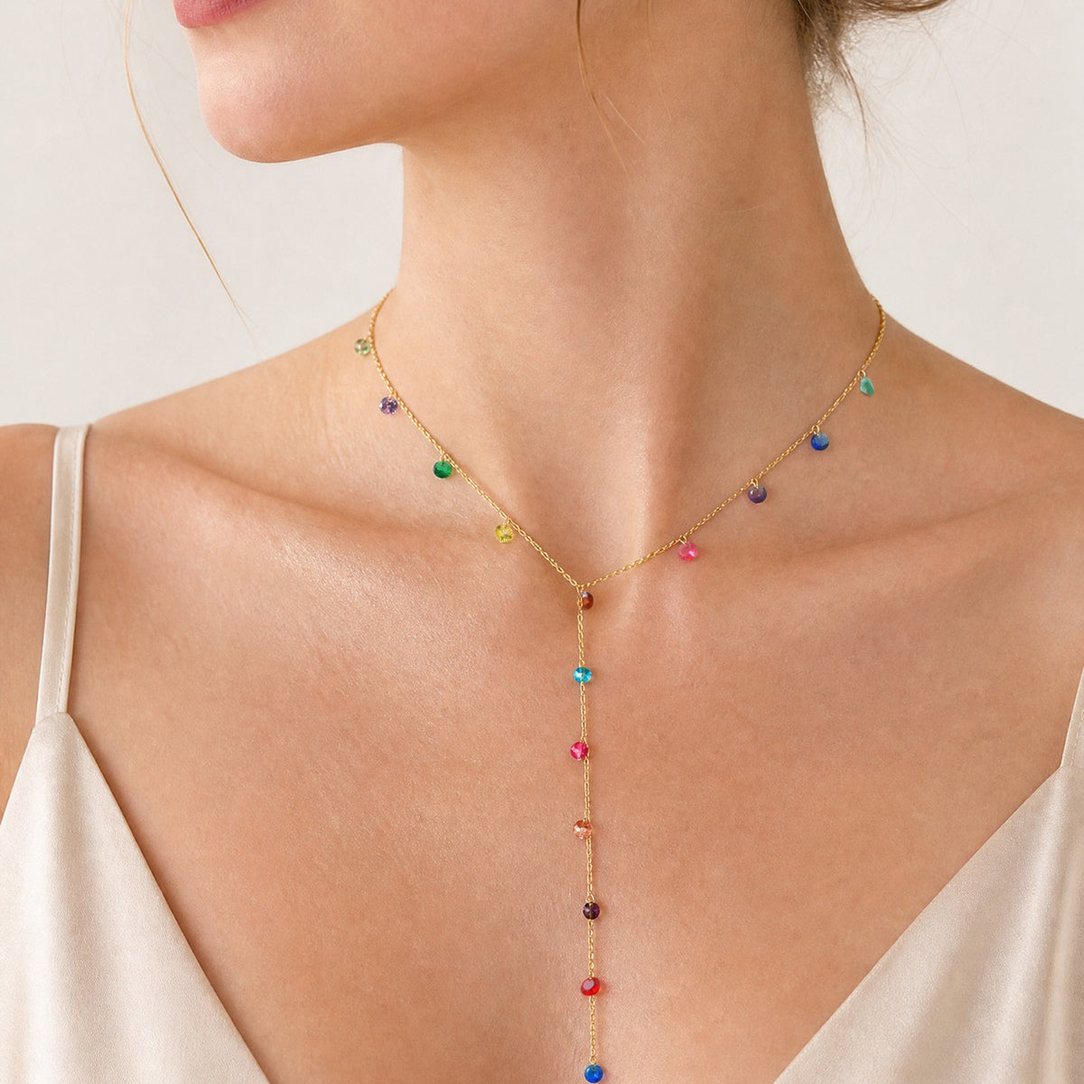 French High-Grade Color Dopamine Zircon Y-Shaped Necklace – Stainless Steel Elegant