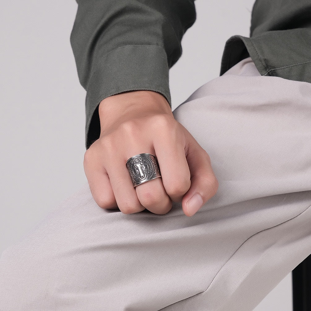 Saint Benedict Ring Stainless Steel Exorcist Symbol Unisex Divine Jewelry Planderful Collection Everyday Genie