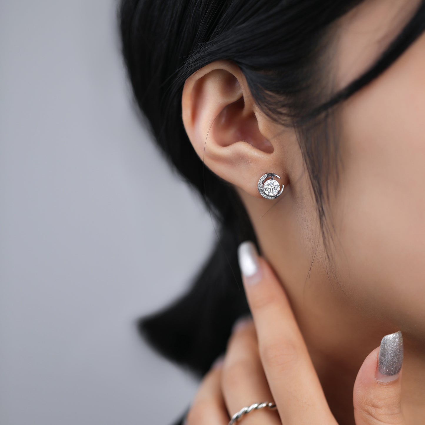 Round Zircon Crescent Moon Sterling Silver Stud Earrings