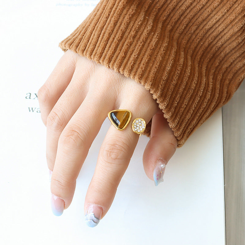 Luxurious Tiger Eye Shell Ring in Titanium Steel - Size 7