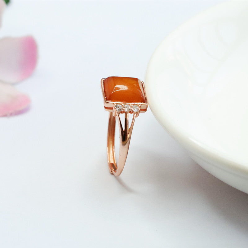 Square Russian Amber Beeswax Zircon Sterling Silver Ring with Adjustable Diameter