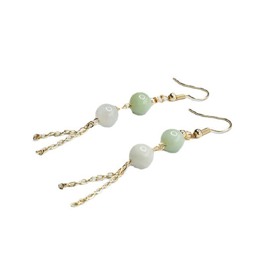 Jade Double Bead Tassel Earrings with Sterling Silver Ear Hooks