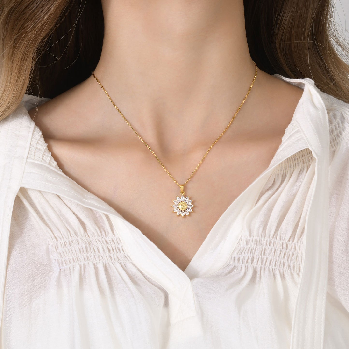 Stainless Steel Chain Copper Sunflower Pendant Necklace Women's