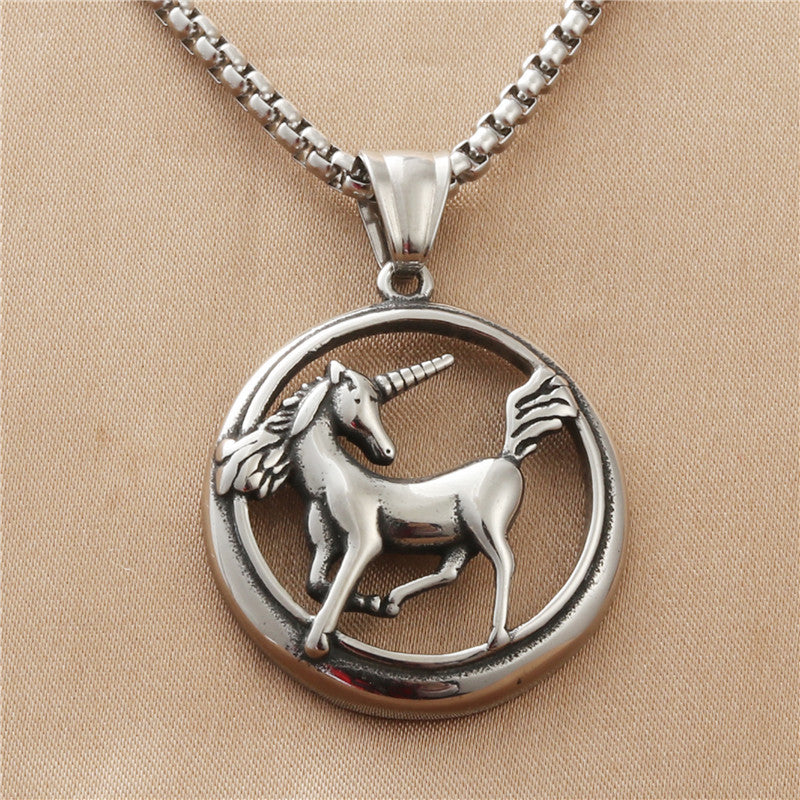 Titanium Steel Unicorn Pendant Necklace for Men - Retro Punk Animal God Design