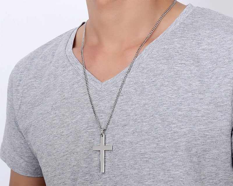 Stainless Steel Cross Pendant Gold Sweater Necklace Men