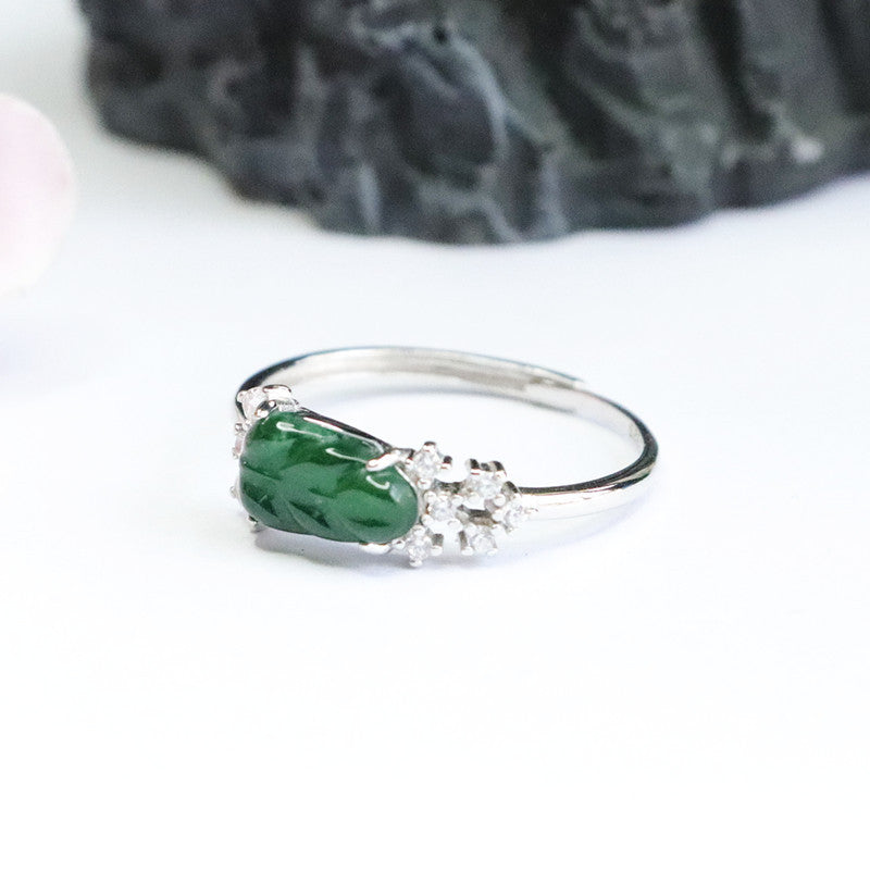 Ice Emperor Green Jade Leaf Sterling Silver Ring