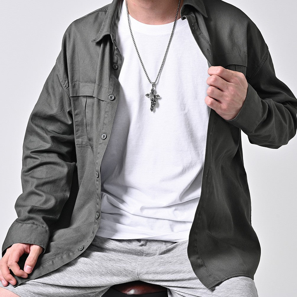 Planderful Retro Prayer Hand Cross Pendant Necklace Does Not Fade Titanium Steel Jewelry For Trendsetters