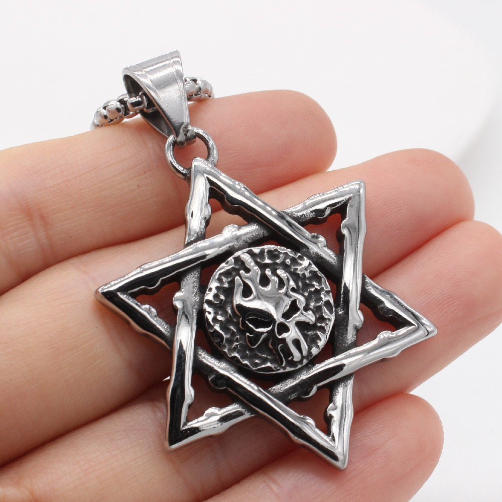 Powerful Planderful Retro Flame Skull Hexagram Titanium Steel Pendant Necklace Unisex Protection
