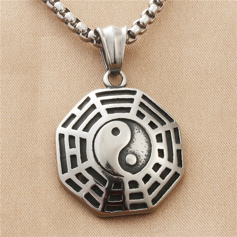 Punk-Inspired Titanium Steel Yin Yang Bagua Pendant Necklace for Men - Retro Tai Chi Design