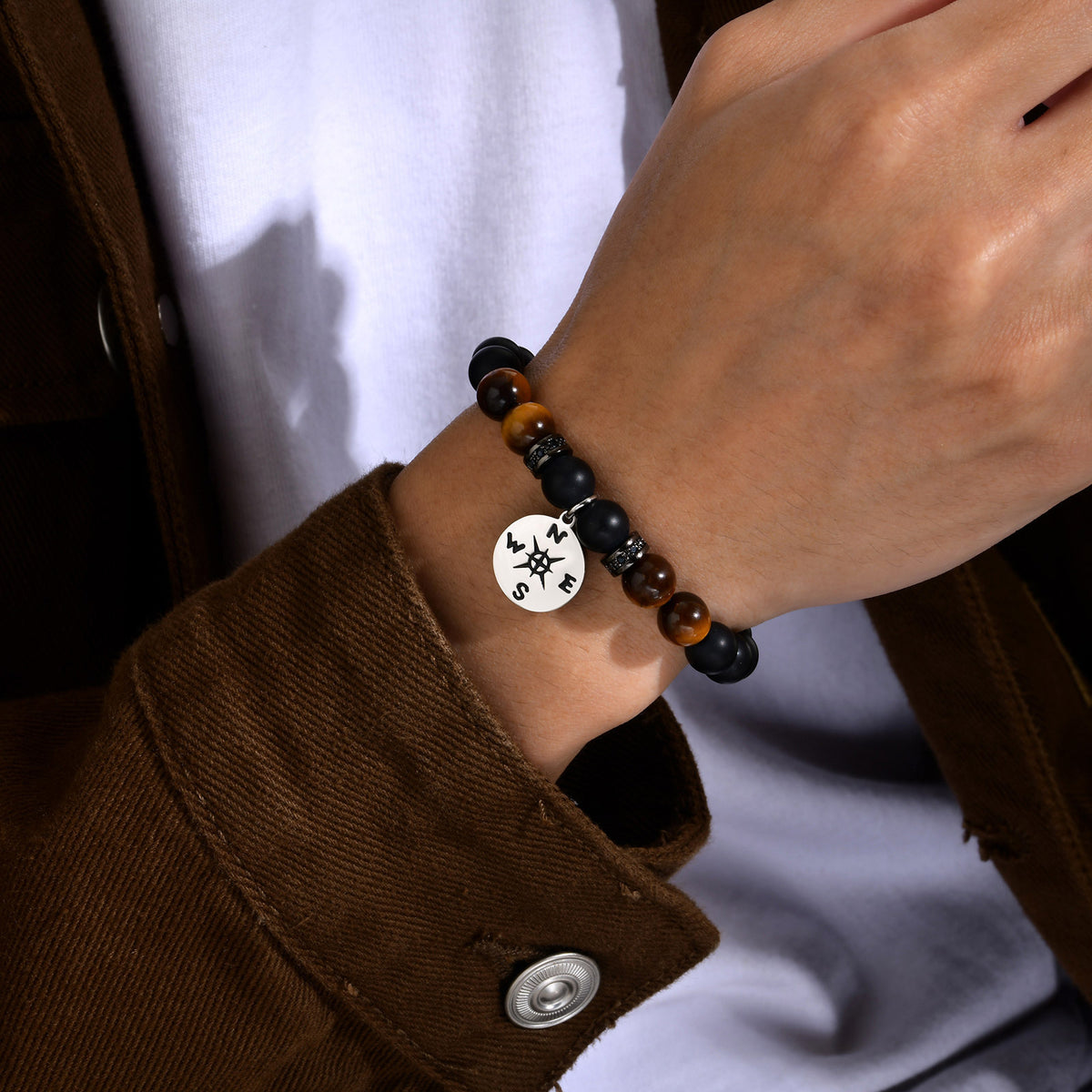 Stainless Steel Corroded Compass Agate Natural Tiger's Eye Beaded Braided Bracelet Steel