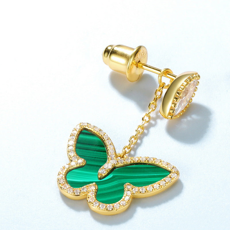 Marquise Shape Zircon Tassel Malachite Butterfly Pendant Sterling Silver Drop Earrings