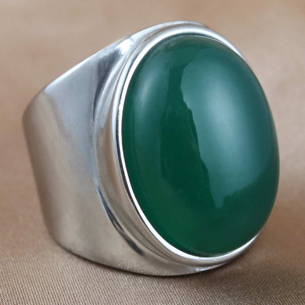 Retro Trendy Titanium Steel Men's Ring with Green Oval Stone – Stylish Accessories for Modern Men