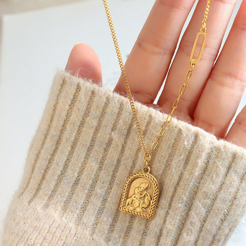 Luxurious Titanium Steel Gold-Plated Portrait Pendant Necklace - Exquisite Design for Elegant Women