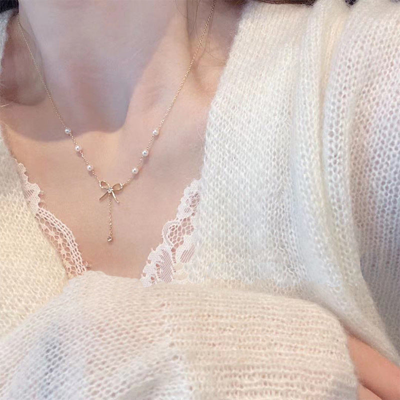 New Versatile Temperament Pearl Bow Necklace 925 Silver Jewelry