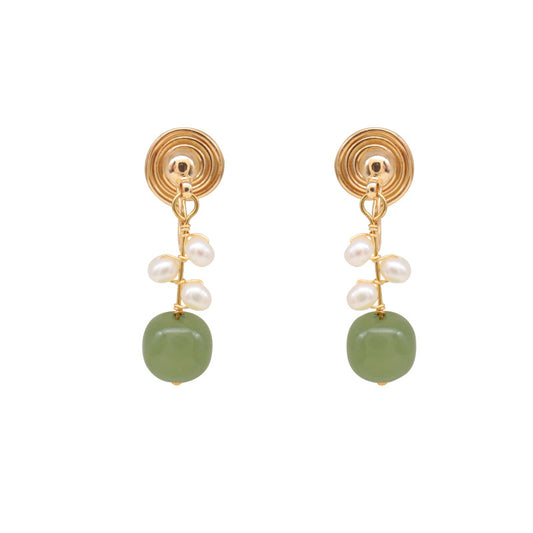 Jade and Pearl Sterling Silver Ear Clip Earrings by Planderful Collection