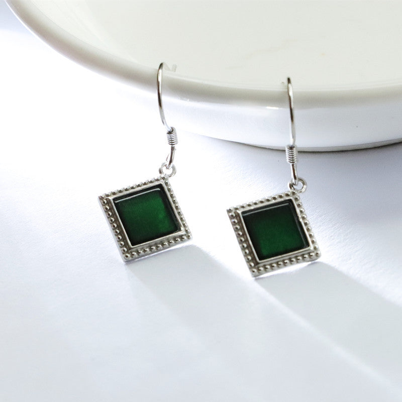 Blackish Green Jade Square Earrings with S925 Silver Ear Hooks