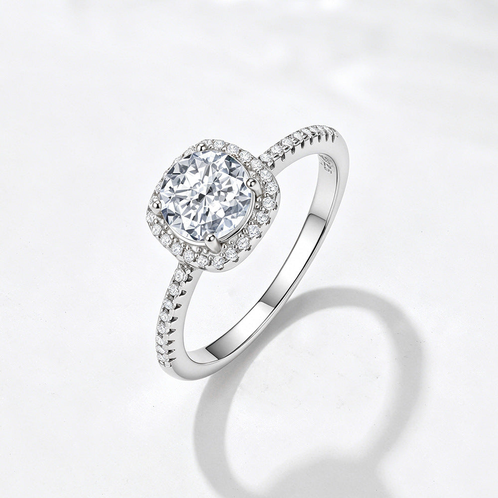 925 Sterling Silver Small Sugar Cube One Carat Simulation Diamond Zircon Ring European,